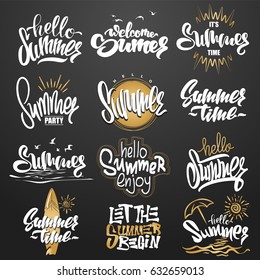 Summer hand drawn lettering  gold elements set.