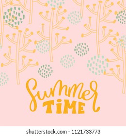 Summer hand drawn lettering inscription quote card with leaves, texture. Vector illustration of text sign design poster, greeting postcard, print, decorate party