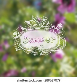 Summer hand drawn lettering on blurred background. Happy Summer. Vector illustration