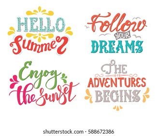 Summer Hand drawn lettering, typography inscriptionAdventures begins. Inspiring label, greeting card, template, poster, banner