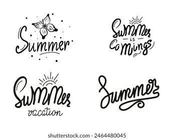 Sommer handgezeichnete Buchstaben-Set. Sommertypografie mit Sonne und Schmetterling. Schwarz-Weiß-Schriftzug. Handgezeichnete Sommerzeit. Vektorillustration