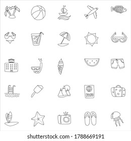 summer hand drawn linear doodles isolated on white background. summer icon set for web and ui design, mobile apps and print products