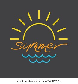 Summer hand drawn logo with lettering Summer, sun and waves on blackboard. Contrast background in linear style. Modern thin line design for summer banner, poster, print, card. Vector illustration.