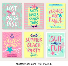 Summer hand drawn motivation calligraphyc card set. Vector illustration.