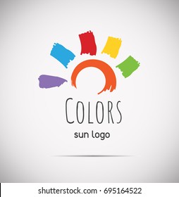Summer hand drawn multicolor sun logo. Vector illustration isolated on gray gradient background.