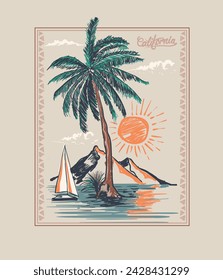 summer Hand Drawn Palm tree sunset beach, vintage tropical retro beach t shirt design, vector palm beach, retro summer vibes, girls , boys, women's, men's graphics  