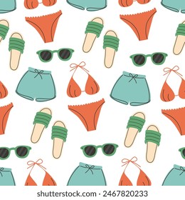 Summer hand drawn pattern with swimsuit,glasses,shorts,flip flops,seamless pattern for fabric, textile, wrapping paper, cover, banner