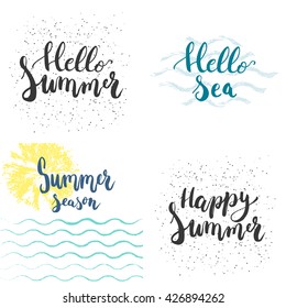 Summer hand drawn phrases set on the sketched background. Lettering calligraphy greeting card or invitation for beach party template.