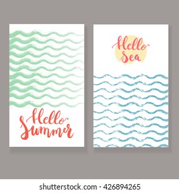 Summer hand drawn phrases set on the colorful waves sketched background. Lettering calligraphy greeting card or invitation for party template. 