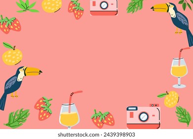 Summer hand drawn pink background with beach frame. Vector illustration of beach cocktail, tropical bird toucan and camera. 