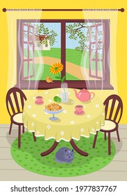 Summer hand drawn poster calm comfortable rest village home. Cozy summertime tea in interior country house. Teapot, cups and flower in vase on table. Foliage, lawn grass and path outside window