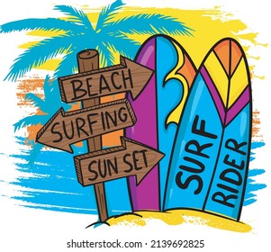 Impresión de verano dibujada a mano con surf. Para niños y niñas, clases gráficas