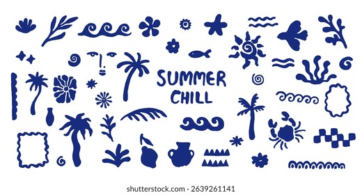 Summer hand drawn sea, beach design elements. Cute abstract forms, borders. Palm, sun, flower, waves, crab, fish. Mediterranean simple style. 