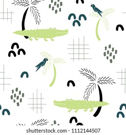 Summer hand drawn seamless pattern with crocodiles, parrots and palm trees. Scandinavian style image. Vector illustration. Background for kids design.  Cute baby pattern.