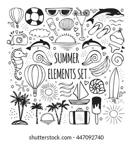 Summer hand drawn set of elements for logos design, emblems  labels, badges, posters. Beach vacation, party, travel, tropical paradise, adventure. Summer holidays design elements and typography set.  