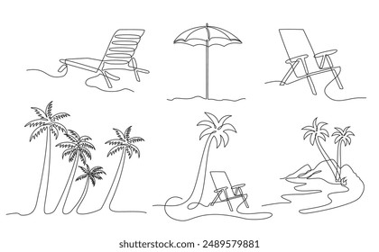 Summer. Hand drawn set of one line icons with summer elements. A collection of icons with one line. Beach elements: ball, palm trees, Sun lounger. Vector illustration