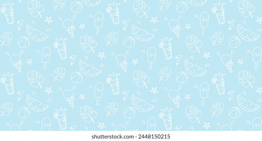 Summer. Hand drawn set of simple icons on blue background with summer elements. Collection of cartoon icons with one line in white color. Vector illustration