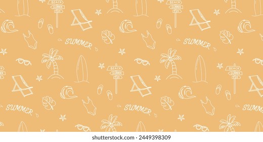 Summer. Hand drawn set of simple icons on orange background with summer elements. Collection of cartoon icons with one line in white color. Vector illustration