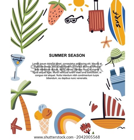 Summer hand drawn template. Exotic season cozy frame. Invitation, tropical poster, article Scandinavian style. Vacation collection isolated on white.