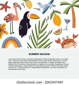 Summer hand drawn template. Vacation season frame. Invitation, tropical party poster, article scandinavian colorful style. Exotic collection isolated on white.
