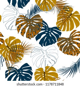 Summer Hand drawn vector freehand   tropical palm leaves fill in with polka dots and stripe in the jungle seamless pattern design for fashion, fabric,wallpaper and all prints on white background 