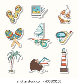 Summer hand drawn vector icons can be used for corporate, birthday and other holiday cards, invitation or website. Summer bright icons. Travel colorful tropical holiday design. Summer vacation concept