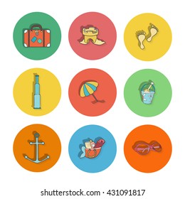 Summer hand drawn vector icons can be used for corporate, birthday and other holiday cards, invitation or website. Summer bright icons. Travel colorful tropical holiday design. Summer vacation concept