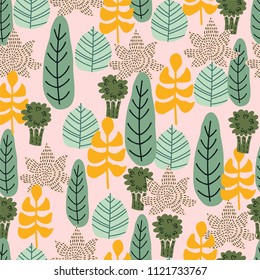 Summer hand drawn vector illustration with leaves, texture seamless pattern for fabric, textile, postcards, decoration, design, poster, card, packaging