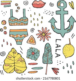 Summer Hand drawn Vector Illustrations - sun, watermelon, ice cream, pineapple, fruits, palm leaves and more. For invitations, fabric, textile, linens, posters, prints, banners and more.