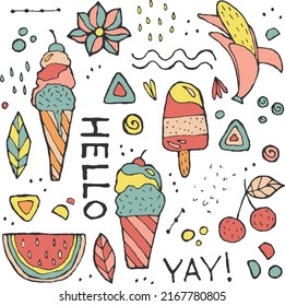 Summer Hand drawn Vector Illustrations - sun, watermelon, ice cream, pineapple, fruits, palm leaves and more. For invitations, fabric, textile, linens, posters, prints, banners and more.