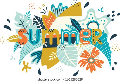 Summer hand drawn vector lettering. Doodle floral background and hand made text. 
Lettering for design gift card, shop sale advertising, bag print, positive poster, book cover, workshop invitation etc
