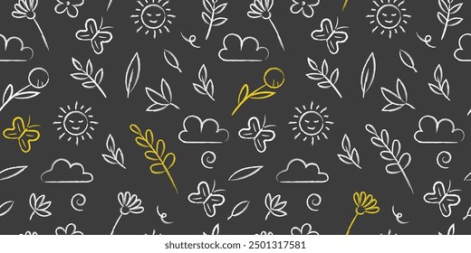 Summer hand drawn white and yellow color crayon seamless pattern. Leaves, flowers, sun, clouds doodle chalk brush on dark background.