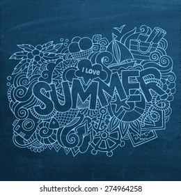 Summer hand lettering and doodles elements. Vector chalkboard illustration