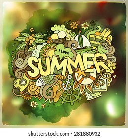 Summer hand lettering and doodles elements. Vector blurred illustration