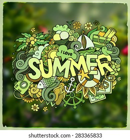 Summer hand lettering and doodles elements. Vector blurred illustration