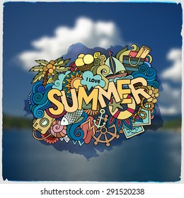Summer hand lettering and doodles elements. Vector blurred illustration