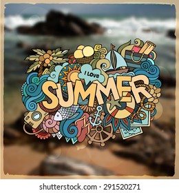 Summer hand lettering and doodles elements. Vector blurred illustration