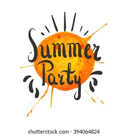SUMMER hand lettering. Hand made vector calligraphy on watercolor background. Typography design element. 