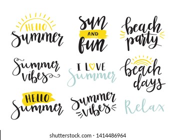 Summer hand lettering quotes. Summer labels, logos, tags, hand drawn elements. Modern brush calligraphy. Hello Summer, beach party, beach days, sun fun, relax.