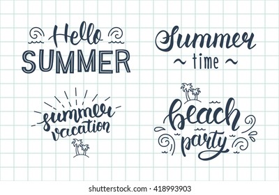 Summer hand lettering set. Summer typographic and calligraphic set.  Summer logos and emblems. Vector illustration