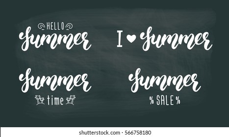 Summer hand lettering set. Summer typographic and calligraphic set. Summer logos and emblems in white ink. Vector illustration