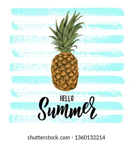 Summer hand lettering text with pineapple as logo, label, icon, postcard, card, invitation, banner template. Exotic tropical fruit. Sketch. Special summer sale typography poster. Vector illustration.