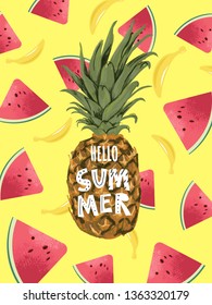 Summer hand lettering text with pineapple, watermelon and banana as logo, flyer, label, icon, postcard, card, invitation, banner template. Special summer sale typography poster. Vector illustration.