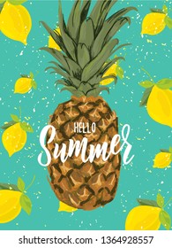 Summer hand lettering text with pineapple and lemon as logo, flyer, label, icon, postcard, card, invitation, banner template. Special summer sale typography poster. Vector illustration.
