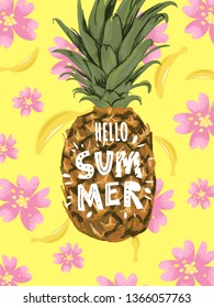 Summer hand lettering text with pineapple, flowers and banana as logo, flyer, label, icon, postcard, card, invitation, banner template. Special summer sale typography poster. Vector illustration.