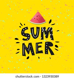 Summer hand lettering text with watermelon as logo, badge, label, icon, postcard, card, invitation, banner template. Special summer sale typography poster. Vector illustration.