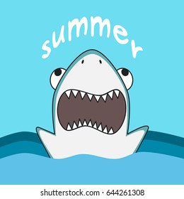 summer hand written calligraphy with cute cartoon shark vector illustration