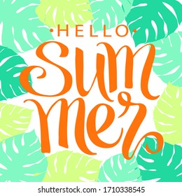 Summer, hand written lettering on tropical palm leaves background, vector illustration, summer nature poster.