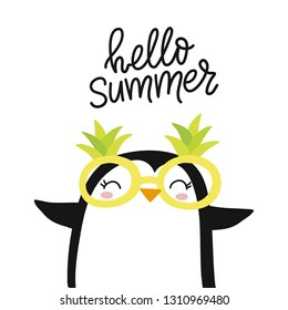 Summer - hand written lettering quote. Fresh summer print with lettering and  penguin