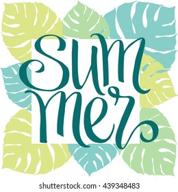 Summer, hand written vector lettering on watercolor palm leaf background.